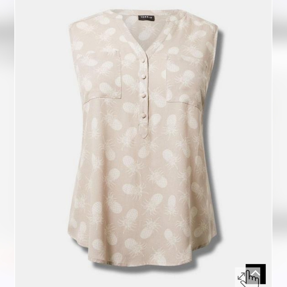 🆕️🍍 3X  BEIGE PINEAPPLE PRINT HARPER WASHABLE GAUZE SLEEVELESS BLOUSE🍍